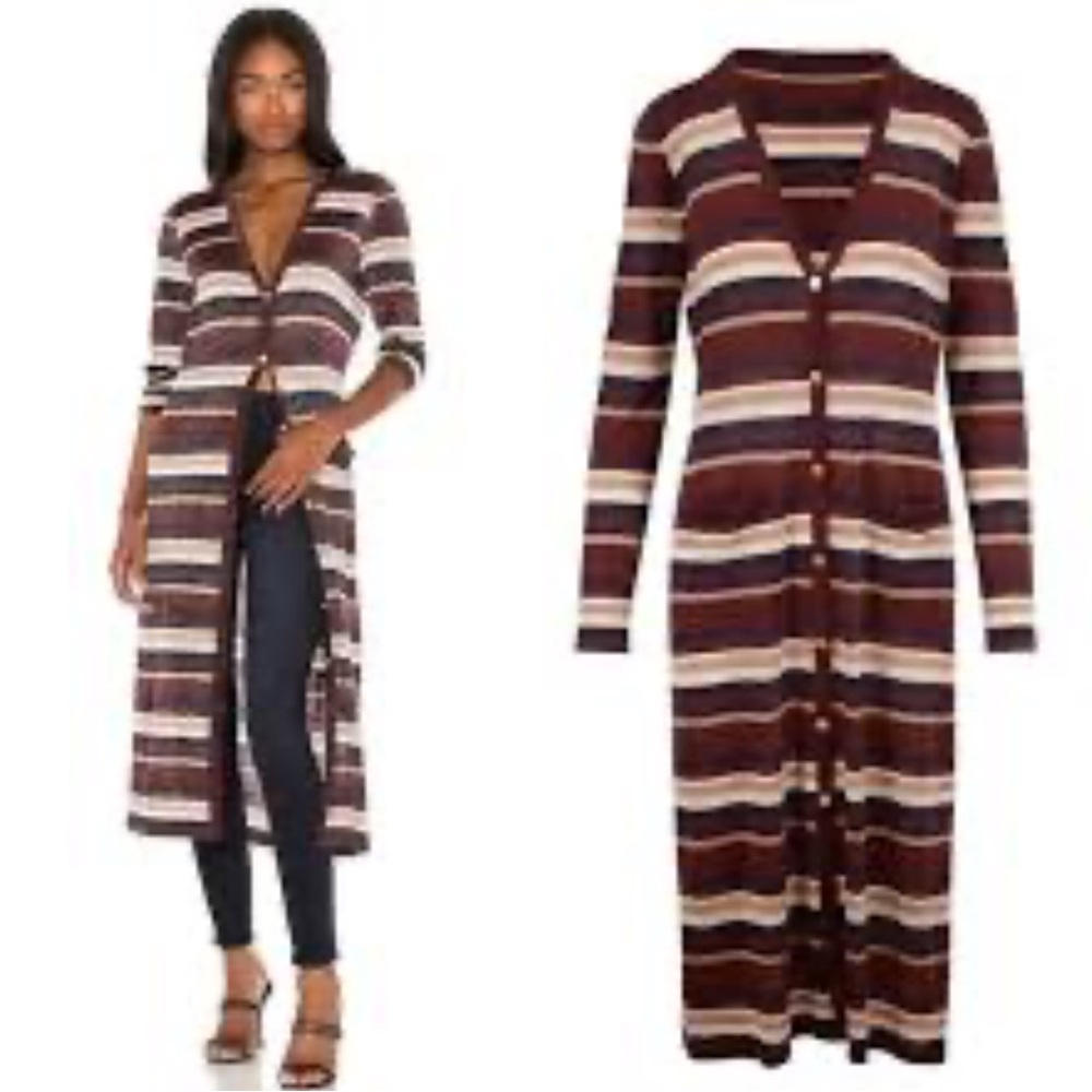 L'AGENCE Stripe Metallic V-Neck Long Sleeve Duster Cardigan Sweater Dress L